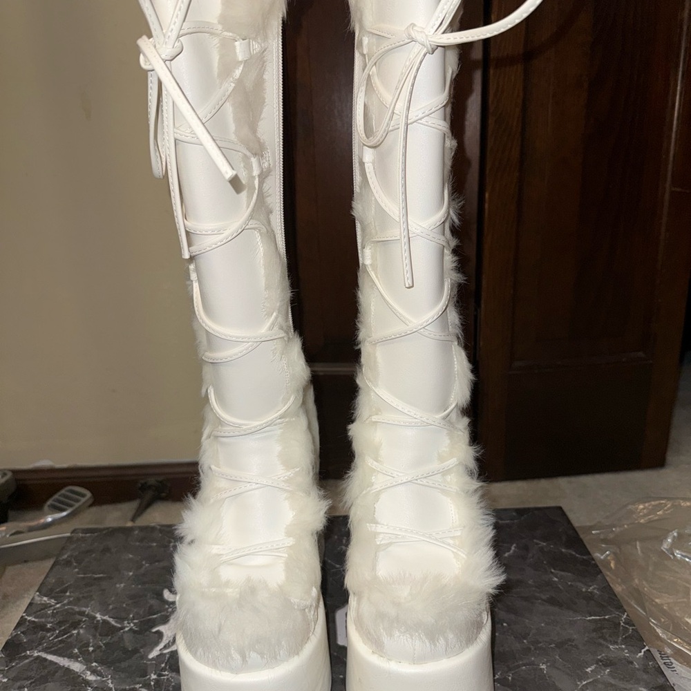 Demonia White Faux Fur Lace-Up Platform Knee-High Boots